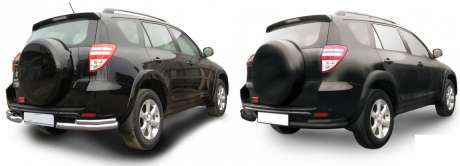 Защита заднего бампера уголки двойные диам.76/42мм, нержавейка (возможен заказ сталь с черным покрытием -60%), для авто Toyota Rav4 длинная база 2009-2012