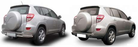Защита заднего бампера уголки двойные диам.57/42мм, нержавейка (возможен заказ сталь с черным покрытием -60%), для авто Toyota Rav4 короткая база 2006-2012 (TR410-014)