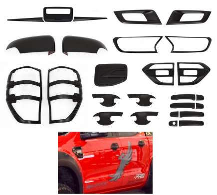 Накладки (на зеркала, фары, фонари, противотуманки, лючок бензобака, на/под ручки, поворотники, задний борт), черный ABS-пластик, комплект, 26 частей, для авто Ford Ranger Wildtrak 2015-
