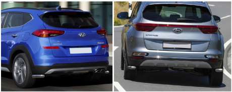 Защита заднего бампера уголки диам.42мм, нержавейка, для авто Hyundai Tucson (искл. High-Tech Plus) 2018-, Kia Sportage (вкл. GT-Line) 2018-