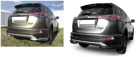 Защита заднего бампера уголки двойные диам.57/42мм, нержавейка (возможен заказ сталь с черным покрытием -60%), для авто Toyota Rav4 2015-
