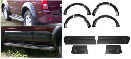 Комплект расширители колесных арок (RNPF47602), молдинги широкие на двери (MN-075800) под покраску, черные (шагрень ZKK-190302), ABS-пластик, для авто Nissan Pathfinder R51 2005-2014