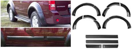Комплект расширители колесных арок (RNPF47602), молдинги узкие на двери (MN076400) под покраску, черные (шагрень ZKK-190402), ABS-пластик, для авто Nissan Pathfinder R51 2005-2014