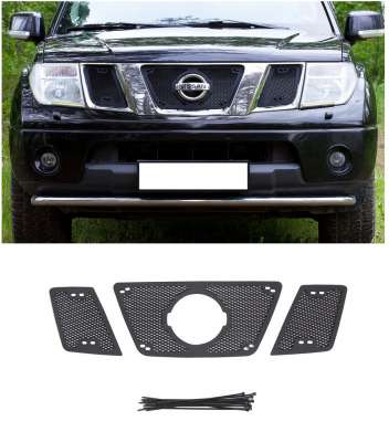 Накладка-сетка на решетку радиатора (верхняя), пластик, 3 части, для авто Nissan Pathfinder R514, Navara D40 2005-2010